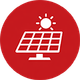 Solarpanel mit Sonnensymbol auf rotem Hintergrund.