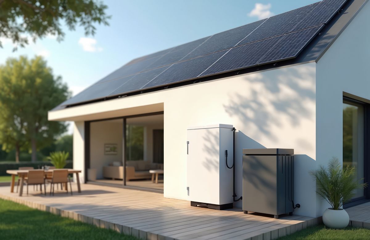 Haus mit Solarpaneelen auf dem Dach, Außenansicht mit Batteriespeichereinheiten im Garten.