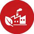Weiße Fabrik mit Blattsymbol auf rotem Hintergrund, das für nachhaltige Industrie steht.