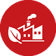Weiße Fabrik mit Blattsymbol auf rotem Hintergrund, das für nachhaltige Industrie steht.