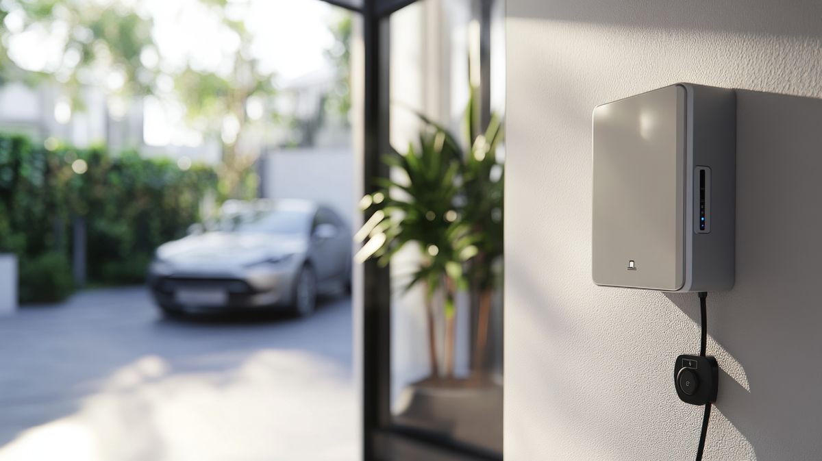 Ladestation für Elektrofahrzeuge an einer weißen Wand, im Hintergrund verschwommenes Auto und Grün.