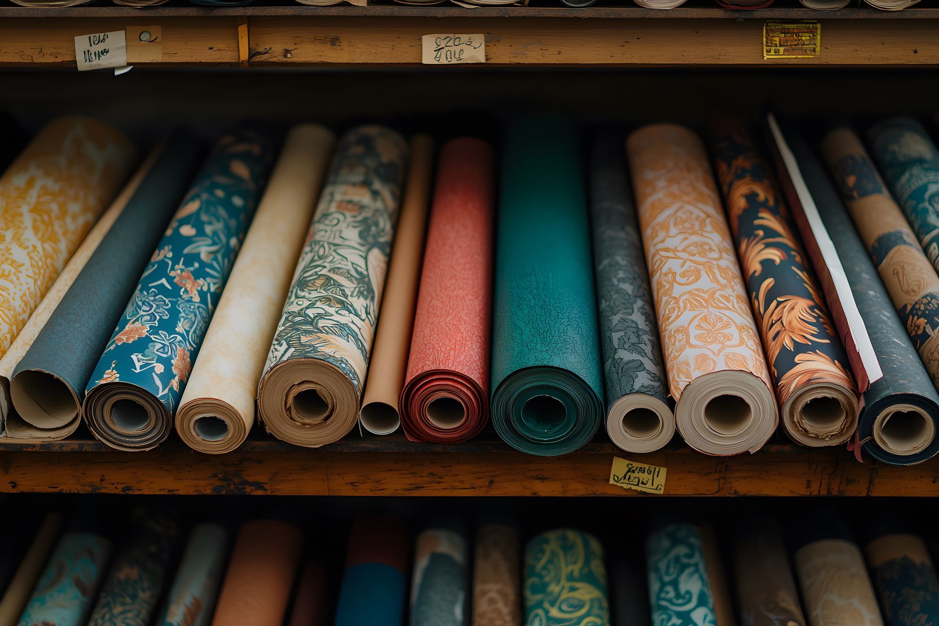 Plusieurs rouleaux de papier peint à motifs et unis, soigneusement rangés sur des étagères en bois.
