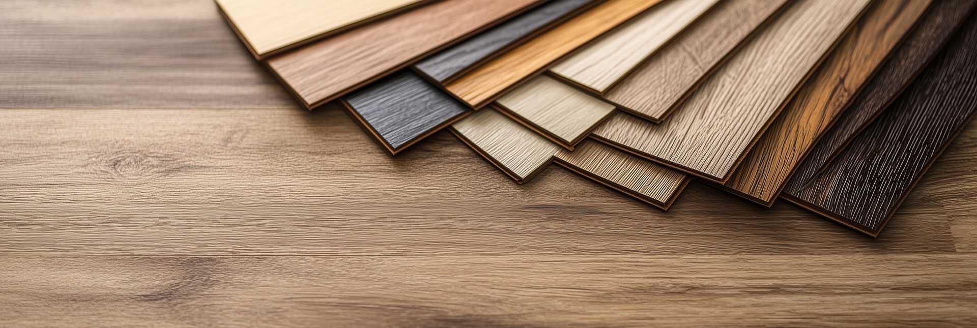 Une disposition en éventail de divers échantillons de parquets en bois de teintes et de textures différentes, posés sur une surface en bois.
