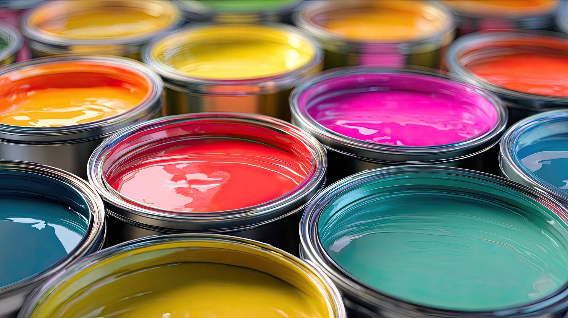 De nombreux pots ouverts de peintures aux couleurs vives, dans des tons de rouge, jaune, bleu, turquoise et magenta.