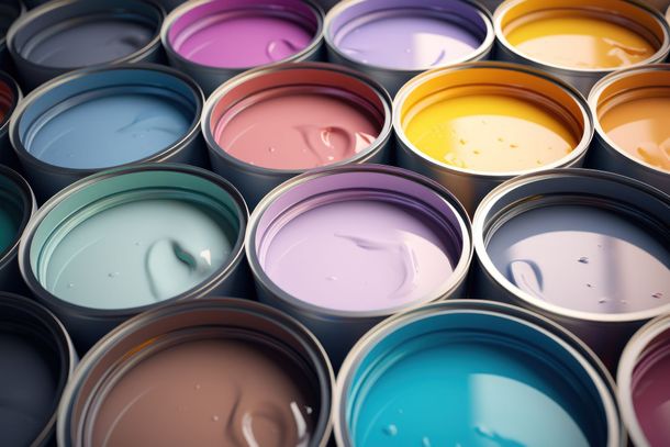 Vue en plongée de plusieurs pots de peinture ouverts de couleurs vives variées, notamment rose, jaune et bleu.