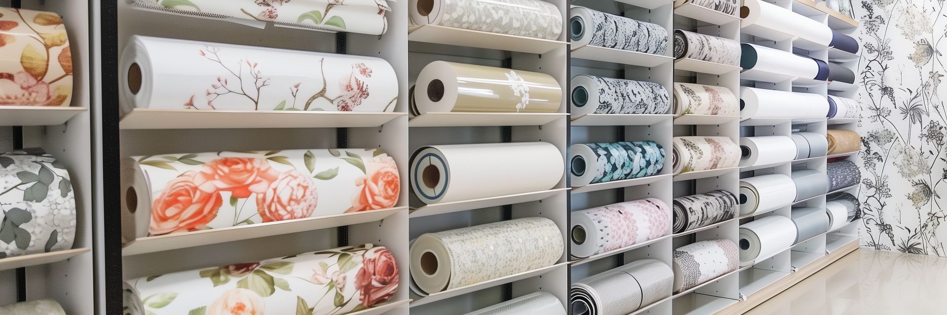 Des étagères remplies de rouleaux de papier peint à motifs et texturés de toutes sortes, dans un magasin.