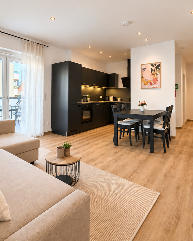 Central Stay Bayreuth – Wohnbereich mit offener Küche