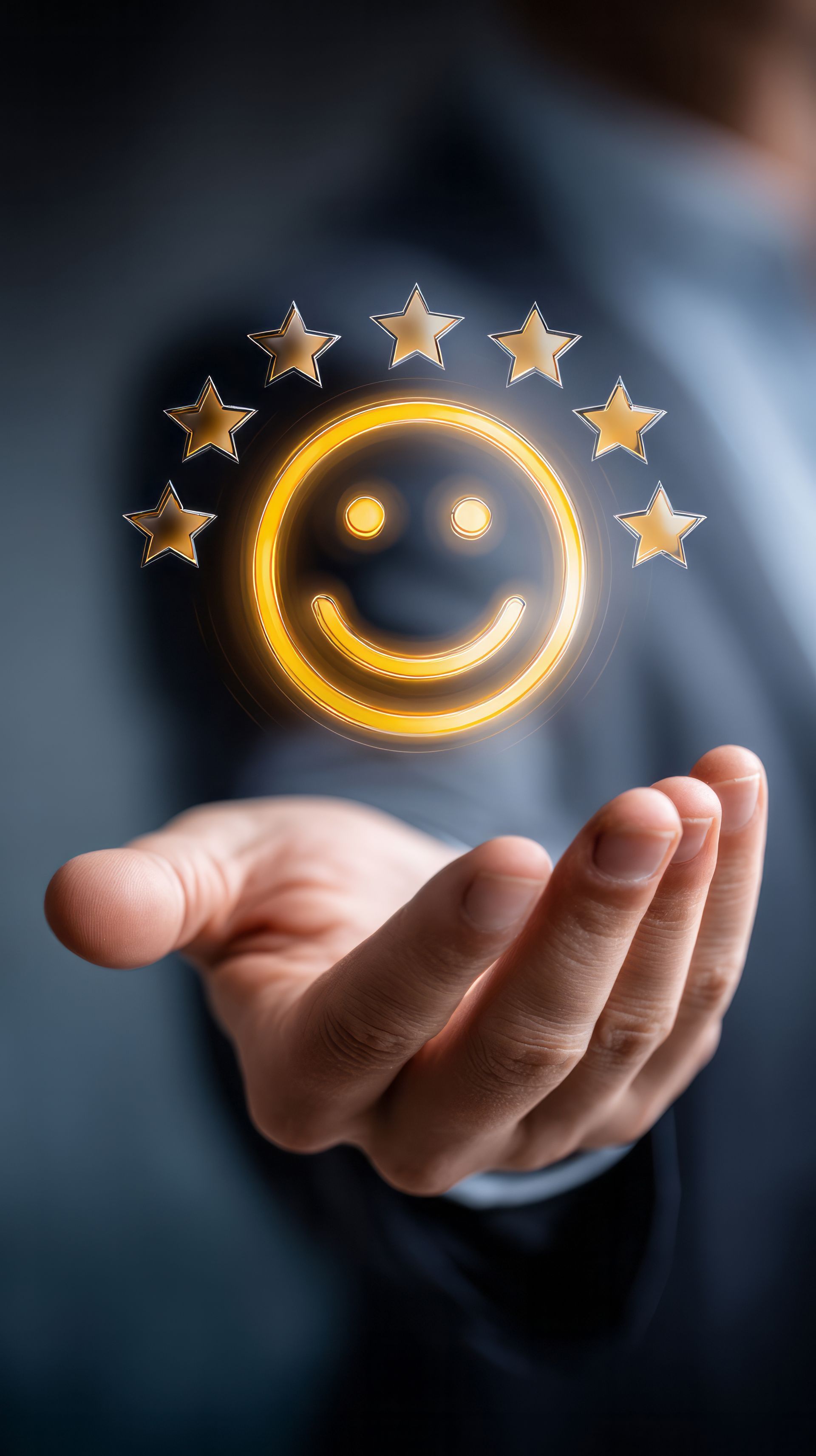 Main tenant un visage souriant lumineux entouré d'étoiles