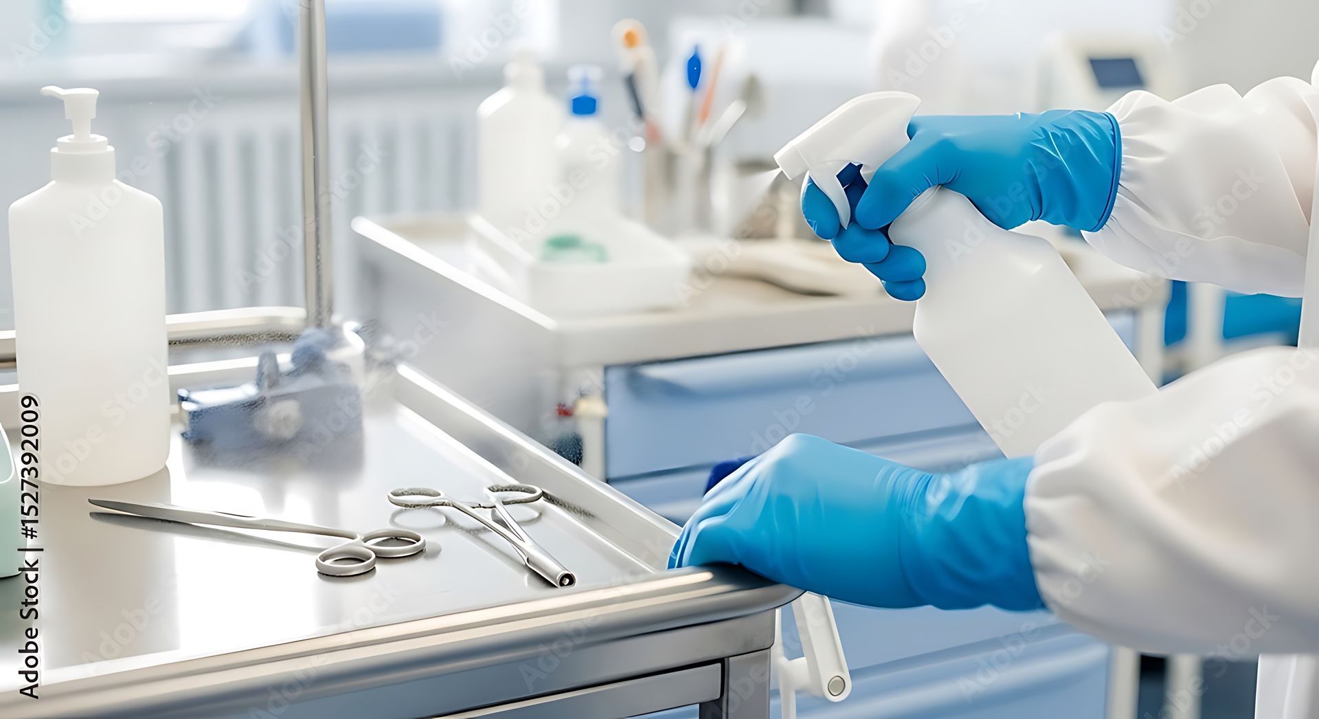 Technicien de laboratoire ganté manipulant un flacon blanc sur un poste de travail médical propre