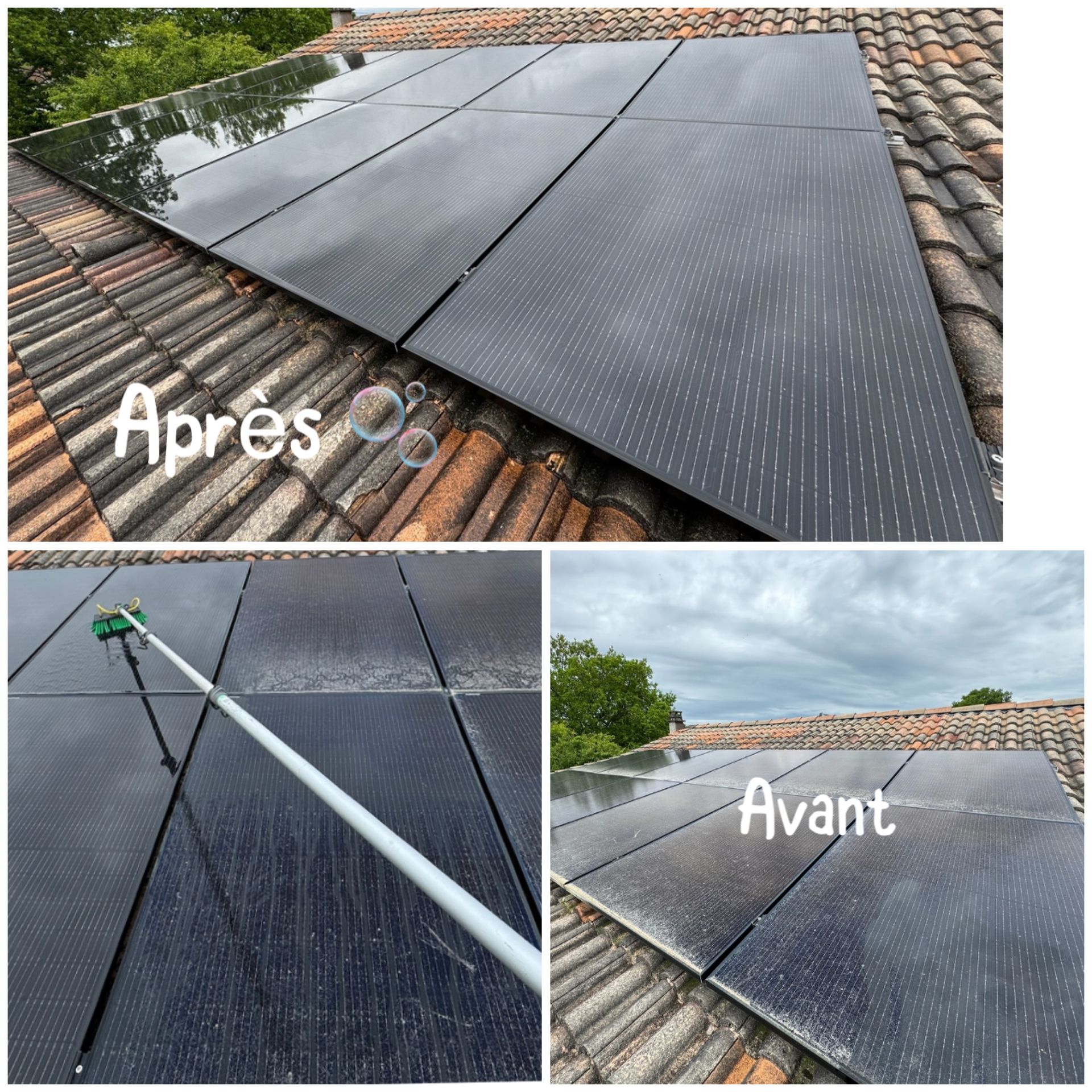 Photos avant et après le nettoyage d'un panneau photovoltaïque