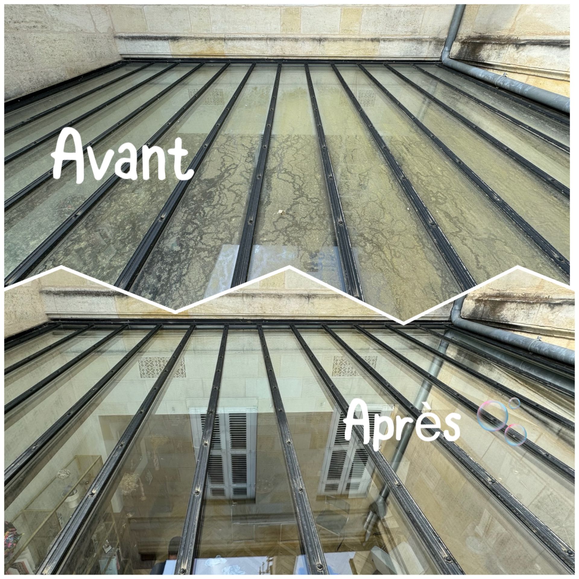 Avant / après nettoyage d'une verrière
