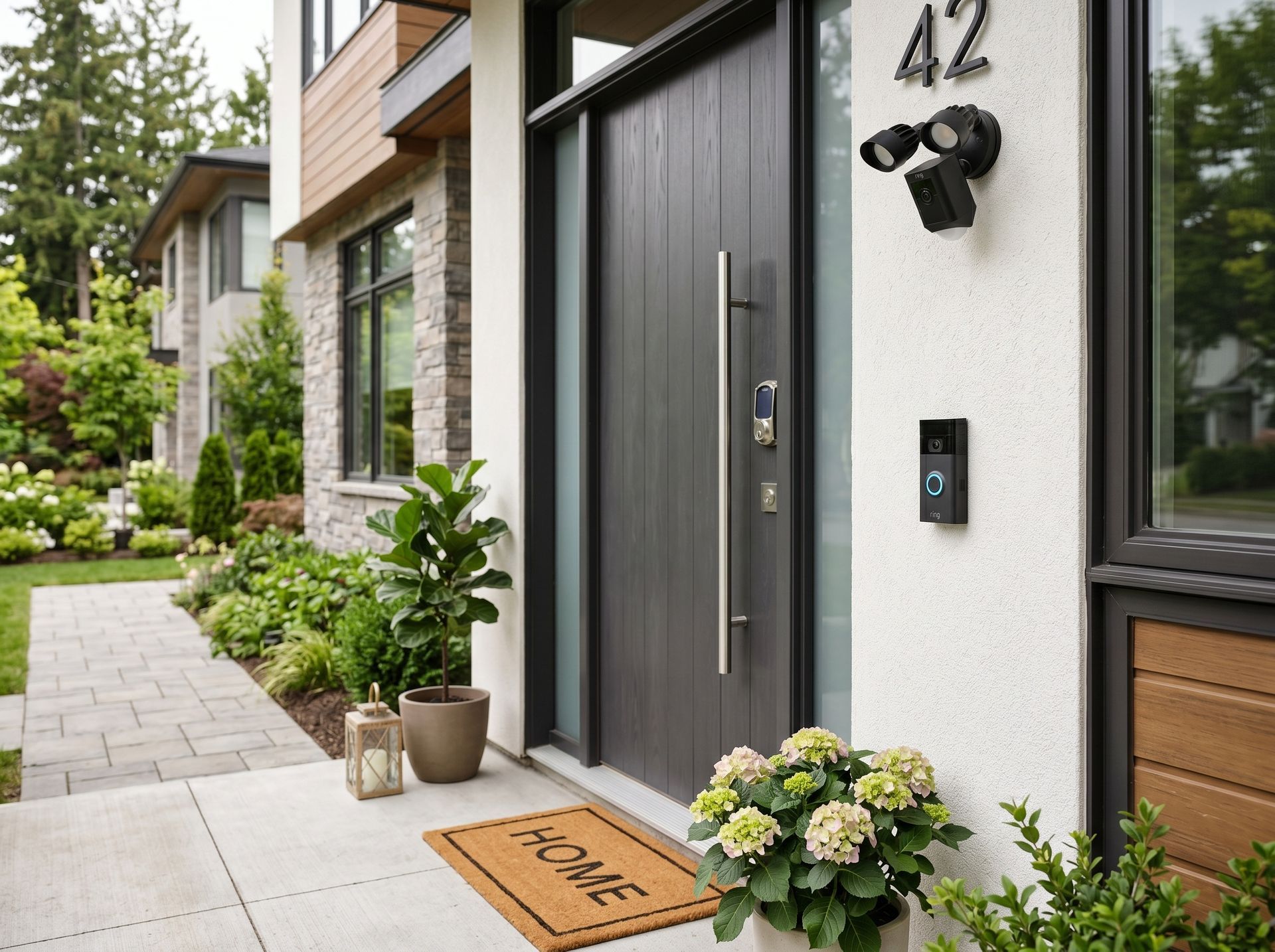 Entrée d'une maison moderne avec porte gris foncé.