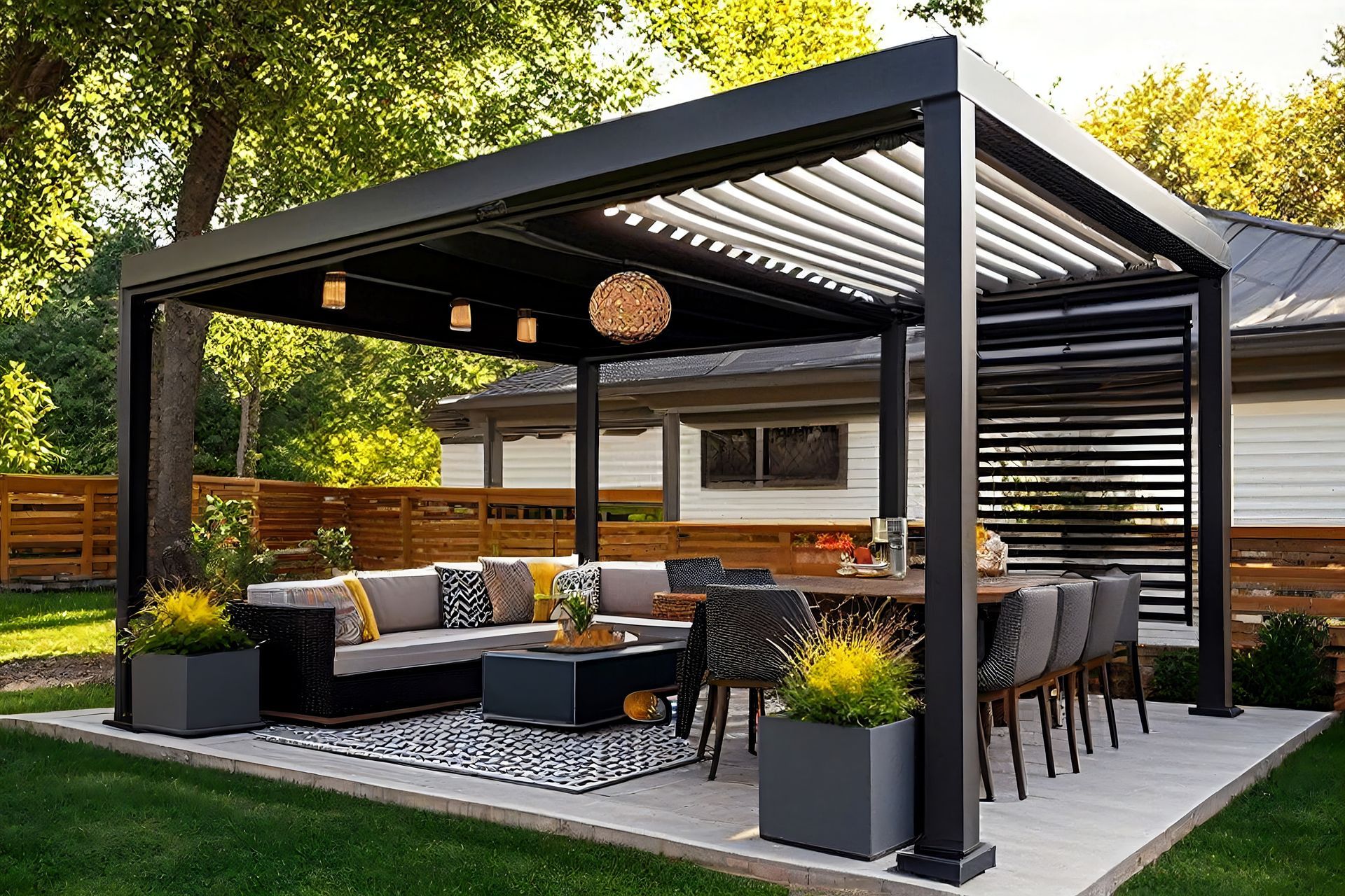 Pergola noire moderne au-dessus d'une terrasse extérieure avec canapé d'angle, table à manger et plantes.
