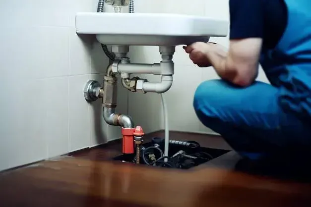 Un fontanero está arreglando un lavabo en un baño.