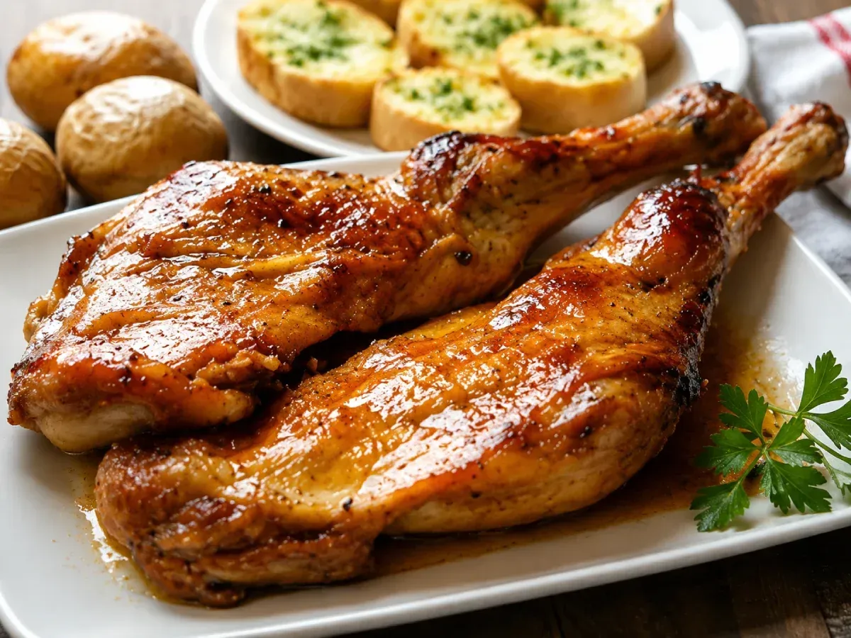 Dos muslos de pollo asados ​​glaseados en un plato blanco con panecillos y guarnición de perejil.