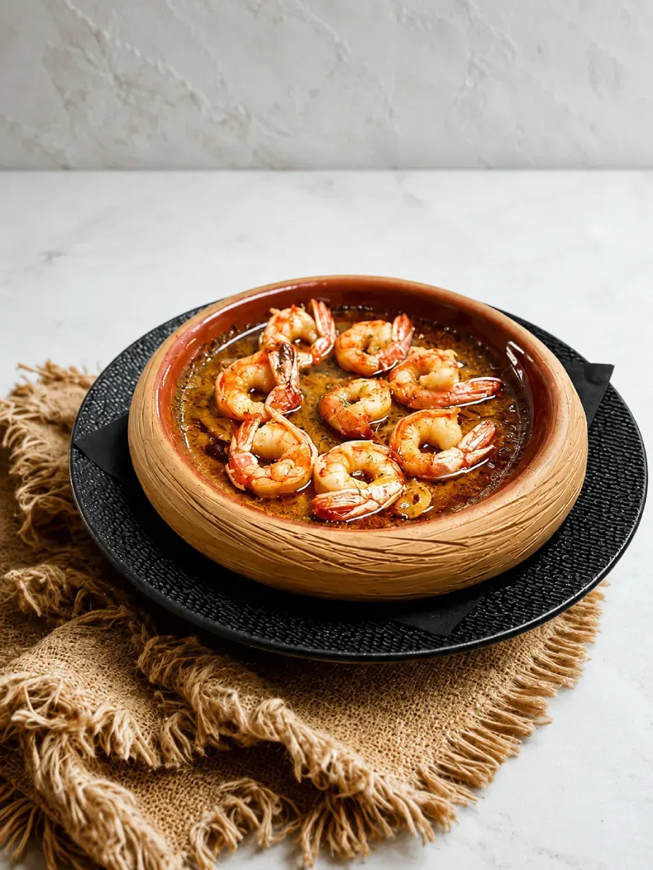 Camarones en salsa picante servidos en un cuenco de madera sobre un plato negro con un paño de arpillera debajo.