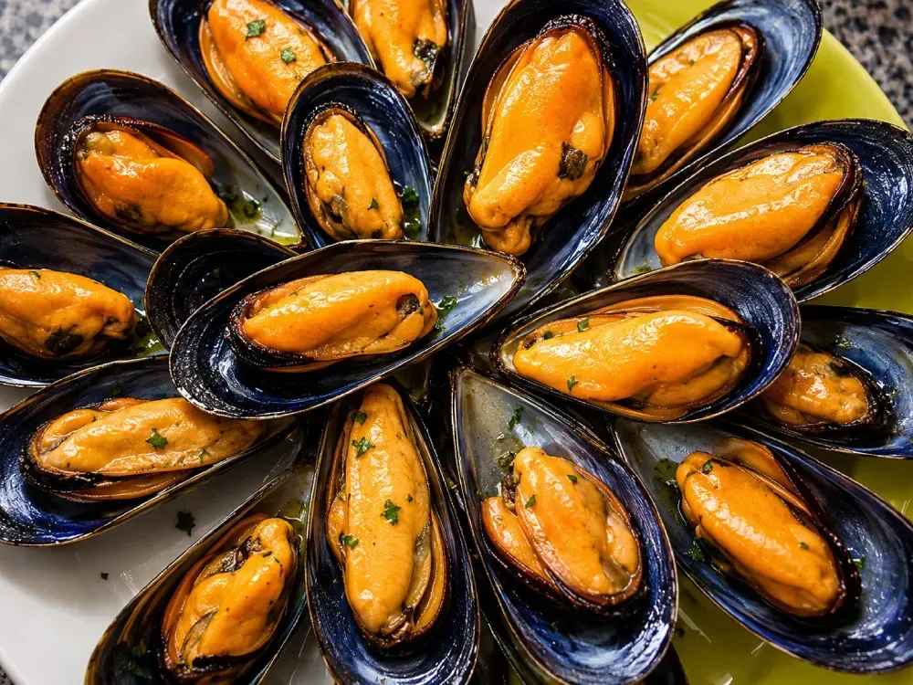 Vista superior de mejillones al vapor con carne anaranjada dispuestos en un plato blanco.