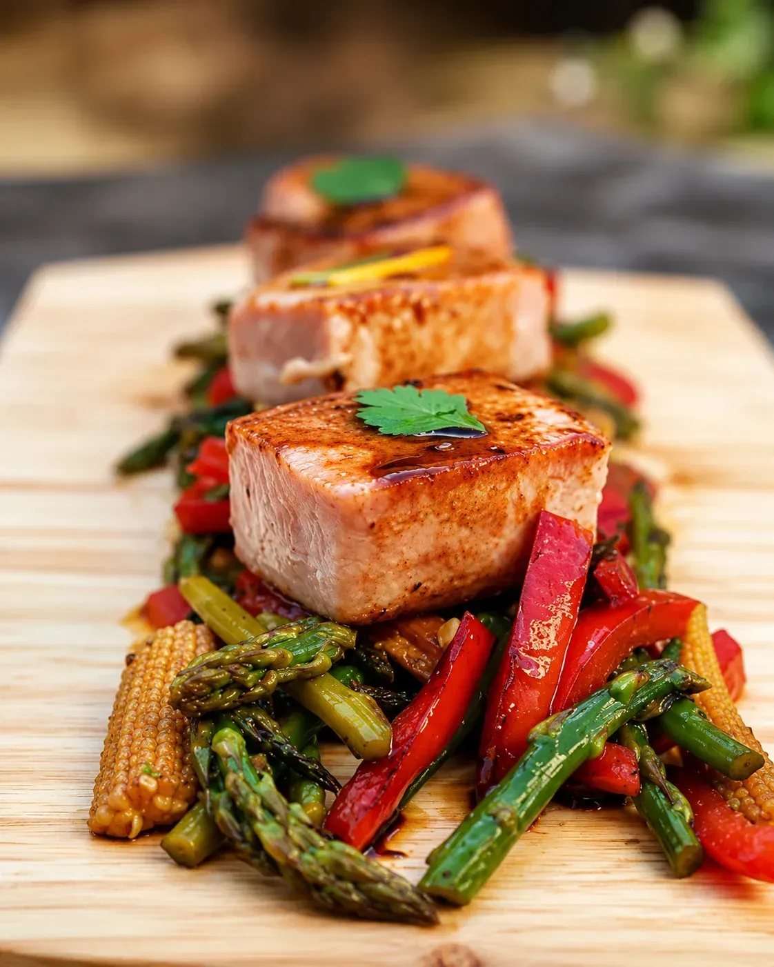 Cubos de pescado sellados sobre espárragos y pimientos rojos en una tabla de madera, adornados con hierbas.