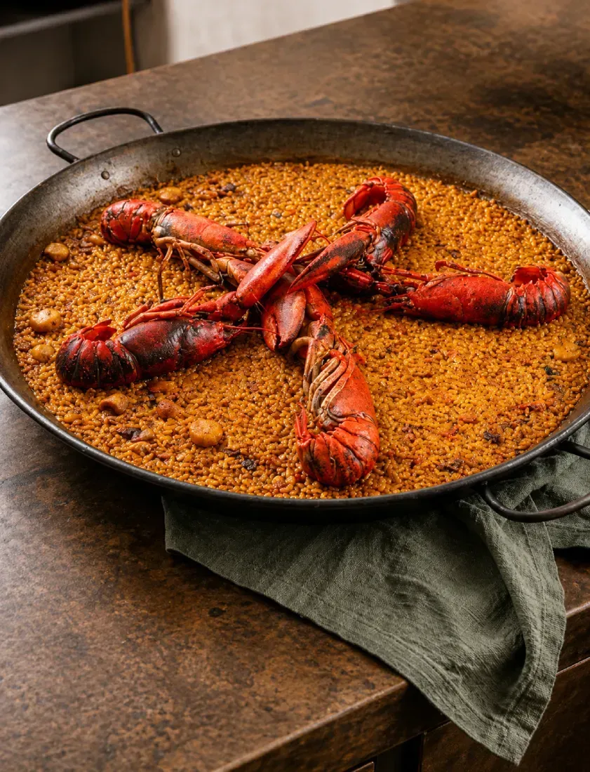 Una gran olla de cangrejos de río rojos cocinándose a fuego lento en arroz sazonado sobre una mesa rústica.