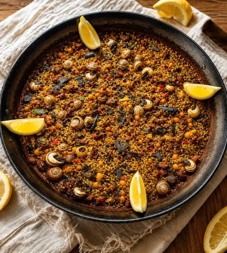 Paella española en una paellera negra, coronada con rodajas de limón sobre un fondo de tela rústica.
