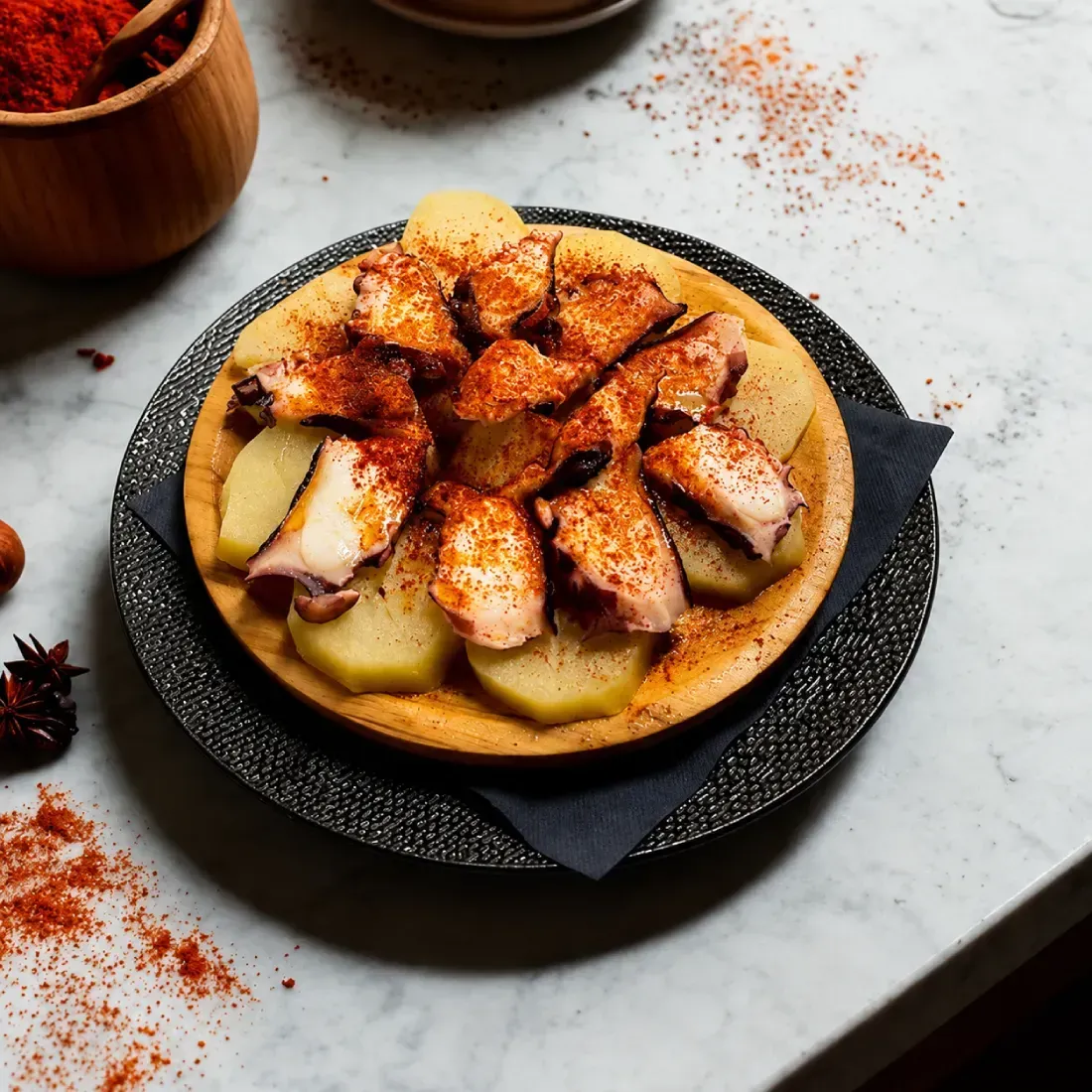 Tentáculos de pulpo a la parrilla sobre puré cremoso, rociados con aceite de oliva en un plato blanco.