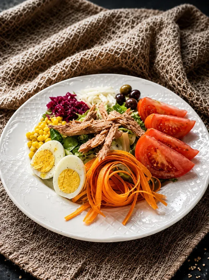 Ensalada de salmón, aguacate, tomate y nueces con semillas de sésamo y hojuelas de pimiento rojo.