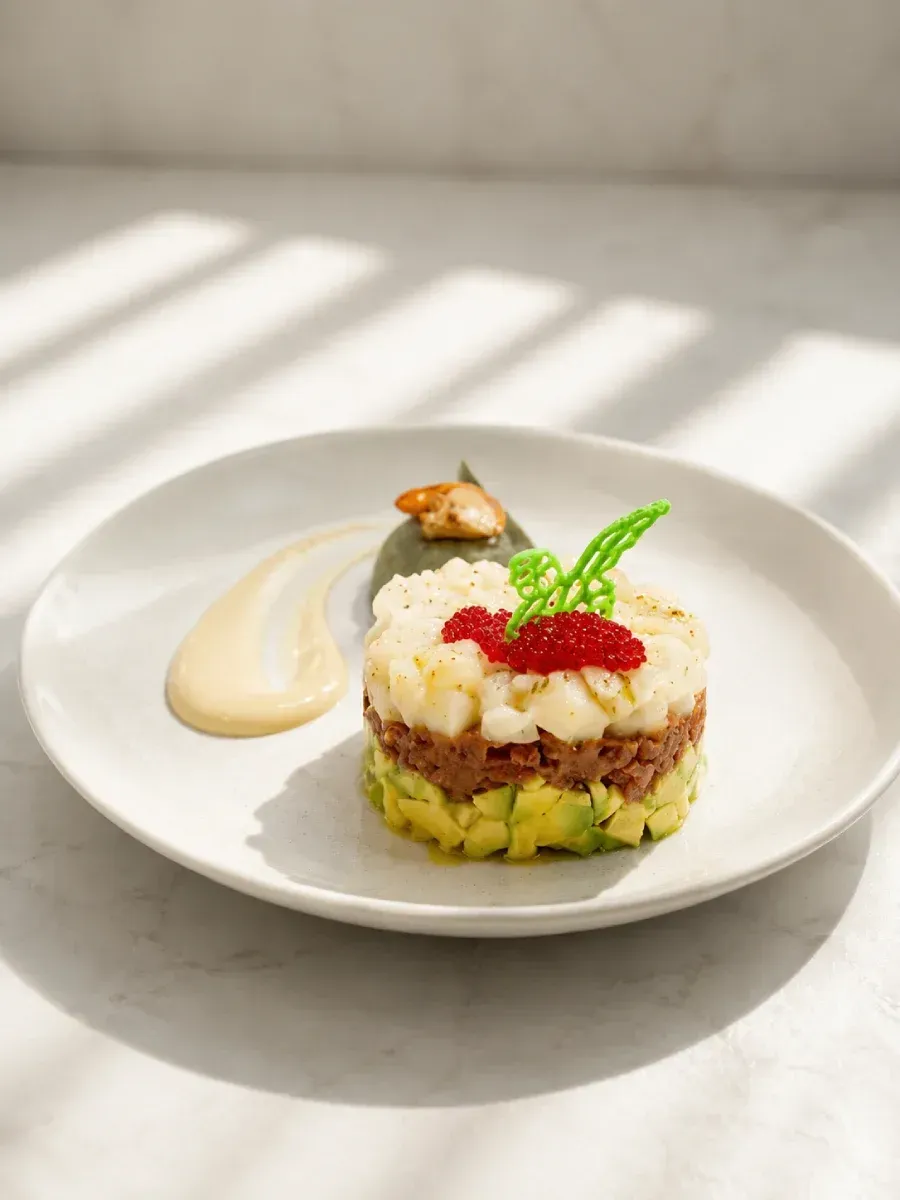 Postre gourmet en capas con crema, frutos rojos y menta, servido en un plato blanco.