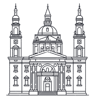 Dibujo lineal en blanco y negro de la fachada simétrica de una catedral o iglesia con dos torres y una cúpula central.