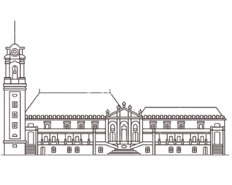 Dibujo lineal de un edificio histórico con torre del reloj y fachada de entrada central.