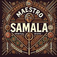 Emblema circular: texto "Maestro Samala", con elementos decorativos espirituales y místicos, sobre fondo marrón.