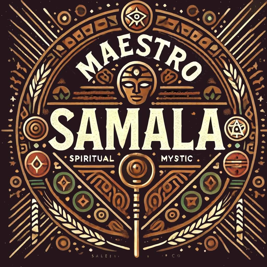 Emblema circular: texto "Maestro Samala", con elementos decorativos espirituales y místicos, sobre fondo marrón.
