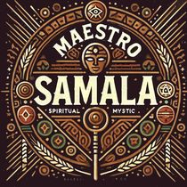 Emblema circular: texto "Maestro Samala", con elementos decorativos espirituales y místicos, sobre fondo marrón.