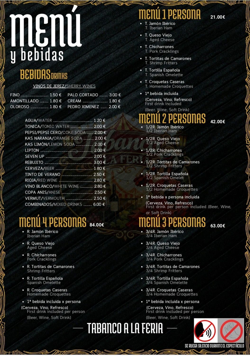 Menú con comidas y bebidas; se enumeran múltiples opciones de menú.