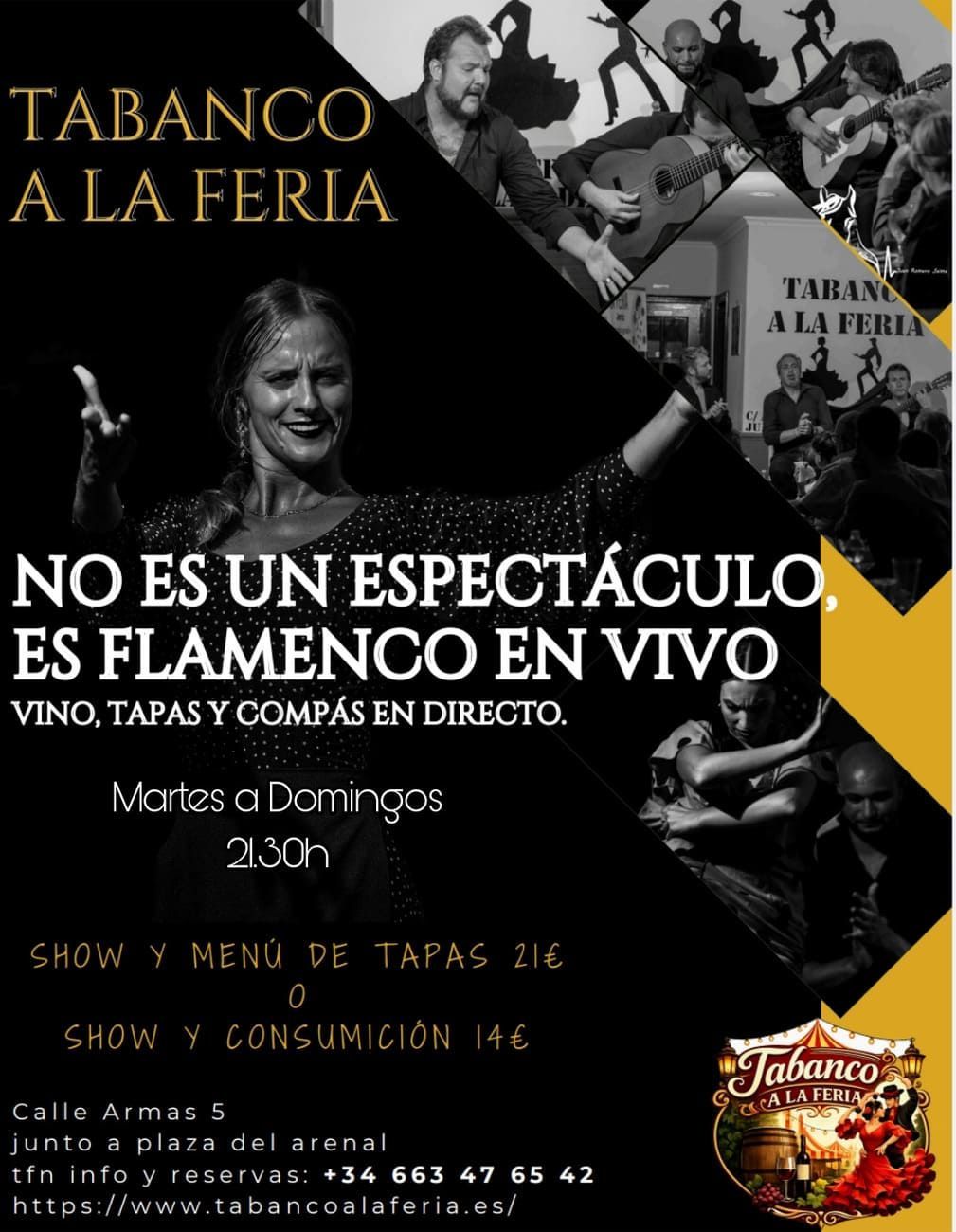 Anuncio de espectáculo flamenco: bailaora, músicos, bebidas. 