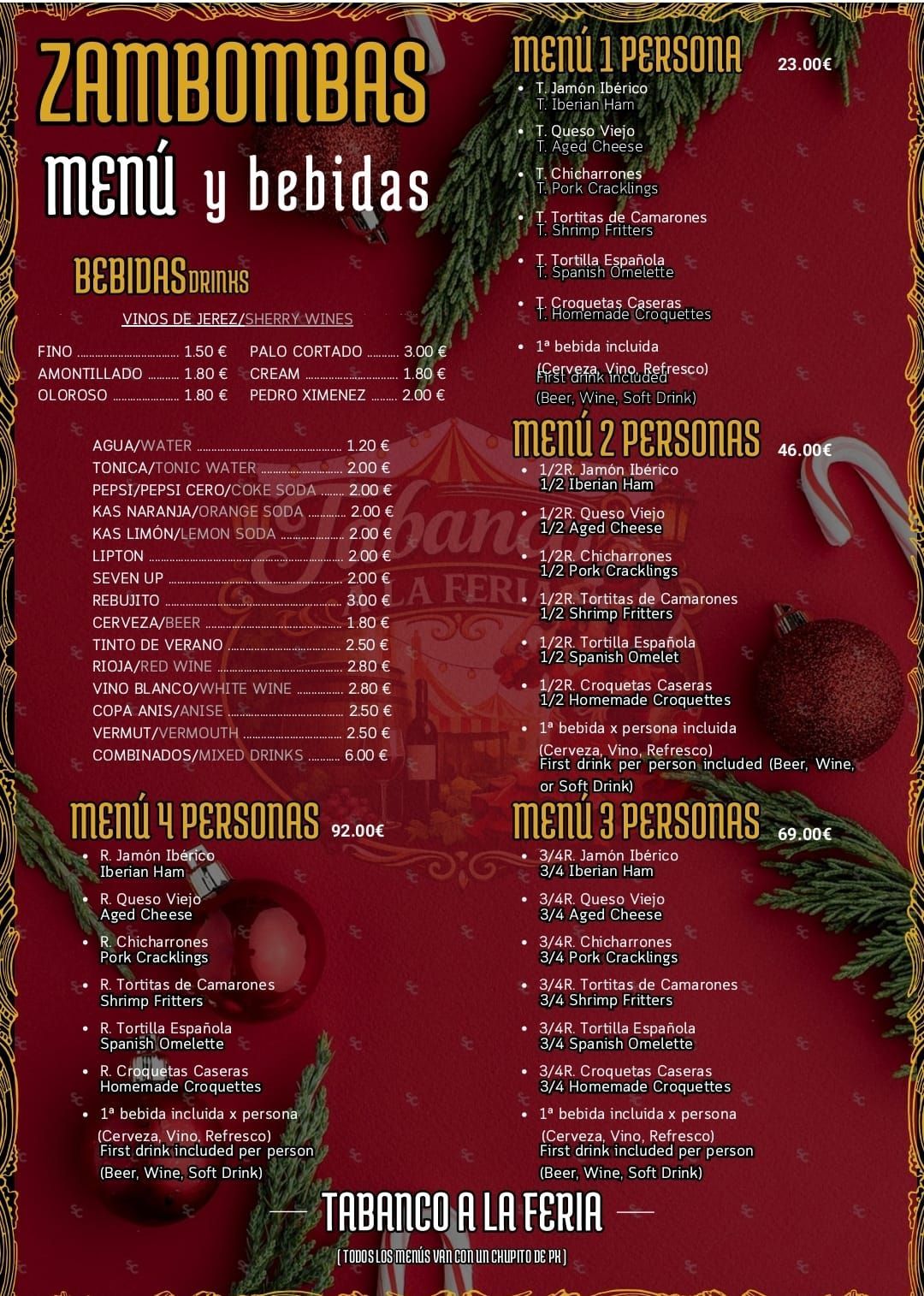Menú con comidas y bebidas; se enumeran múltiples opciones de menú.