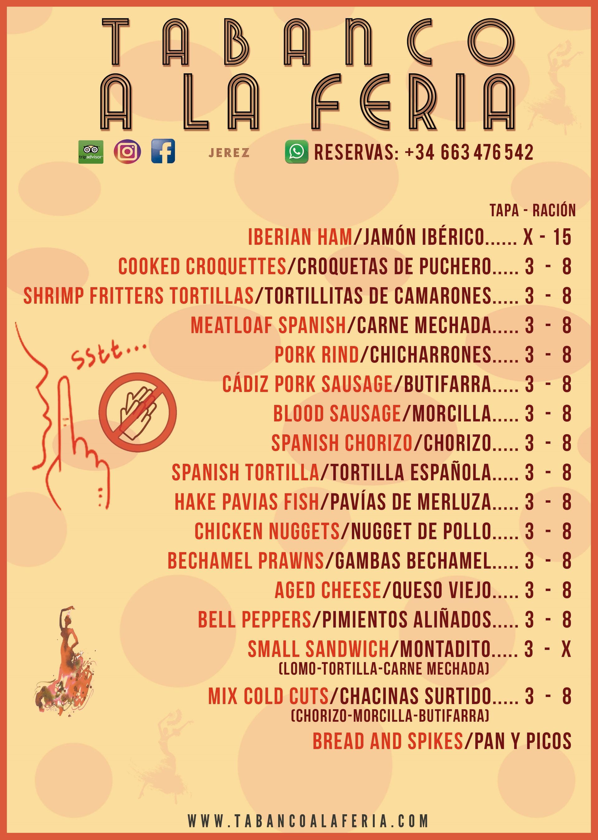 Un menú para un restaurante llamado Tabasco a la feria.