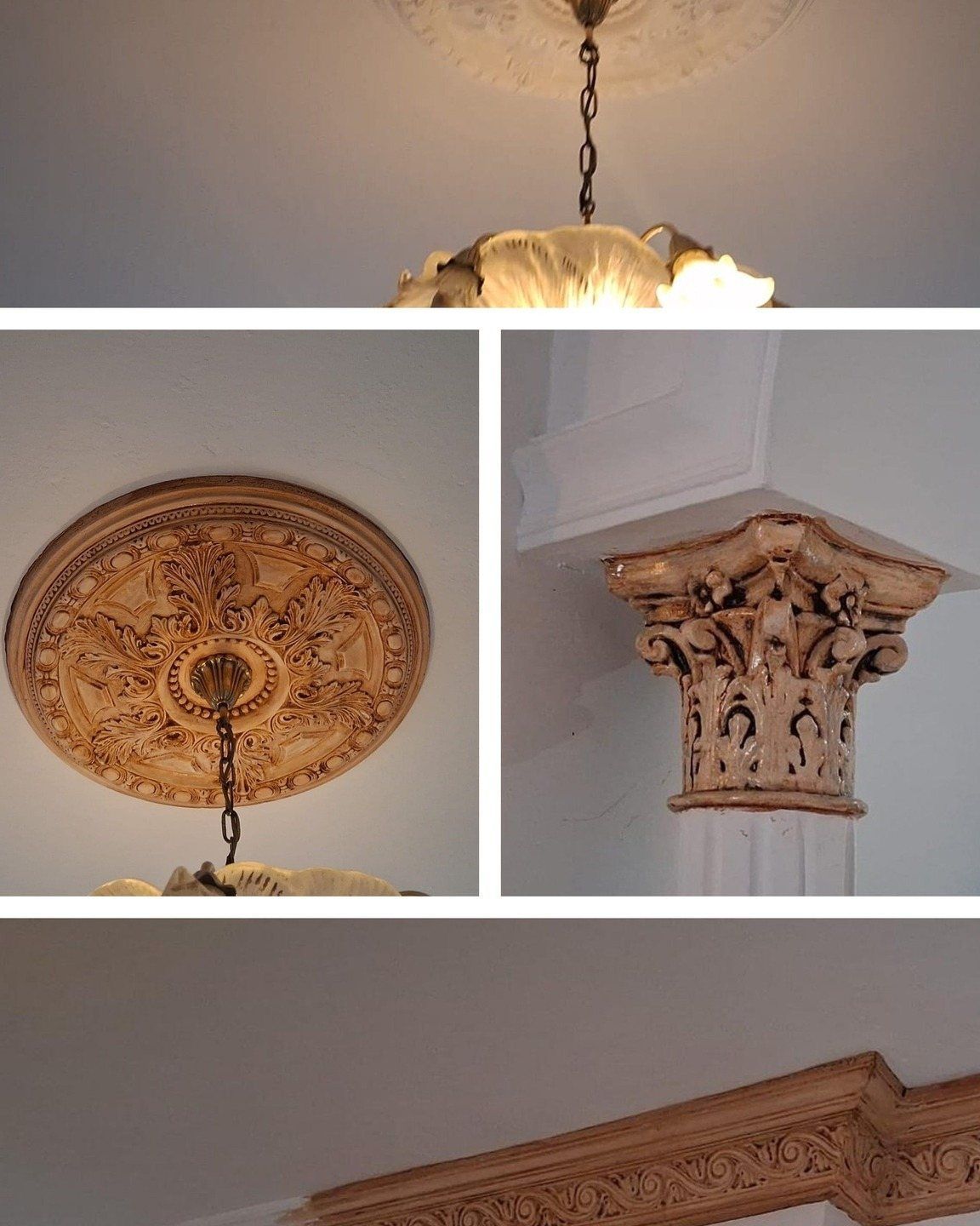 Collage de un ornamentado medallón beige en el techo y molduras de corona talladas alrededor de una lámpara de araña colgante.