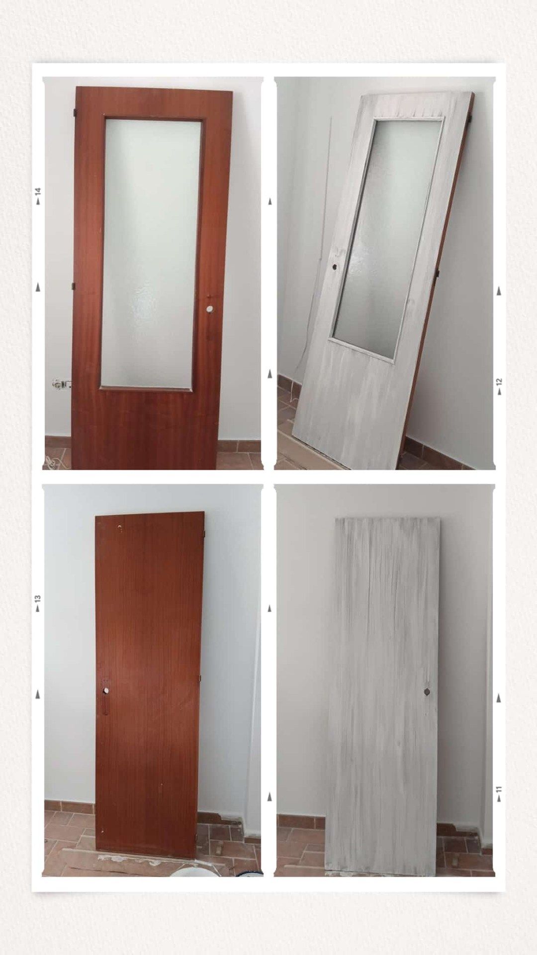 Cuatro vistas de una puerta de madera, colocada en posición vertical y apoyada, que muestran sus lados pintados de marrón y blanco.