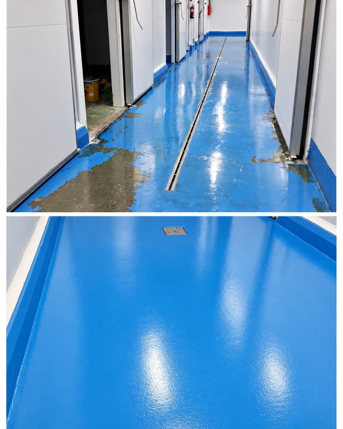 Suelo azul de pasillo con una grieta larga, zonas húmedas y baldosas que reflejan la luz
