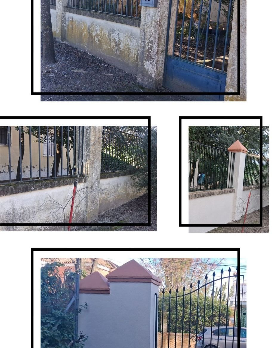 Collage de una pared blanca y una valla de metal negro con puerta y pilares en un patio exterior