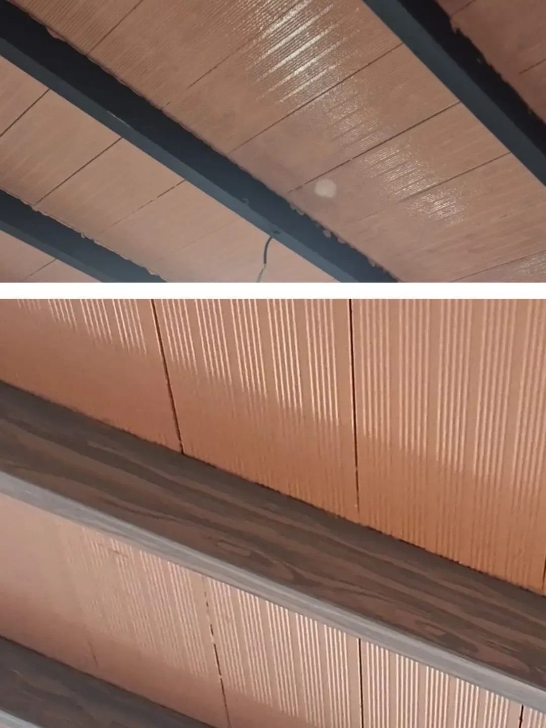 Primer plano de un techo marrón acanalado con vigas de soporte oscuras y una barandilla de madera.