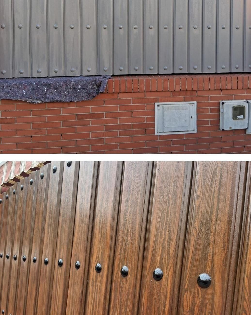 Muro de ladrillo dañado con revestimiento rasgado y panel de madera desgastado con fijaciones a la vista