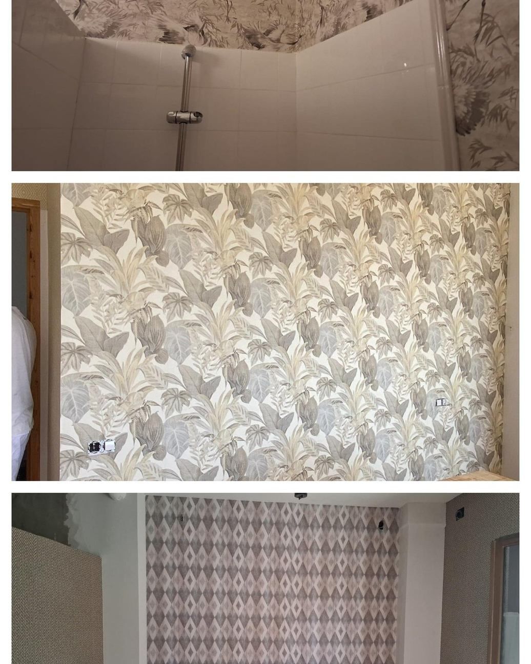 Tres muestras de diseño de paredes interiores y azulejos: azulejos para ducha, papel pintado floral y paneles de pared estampados.