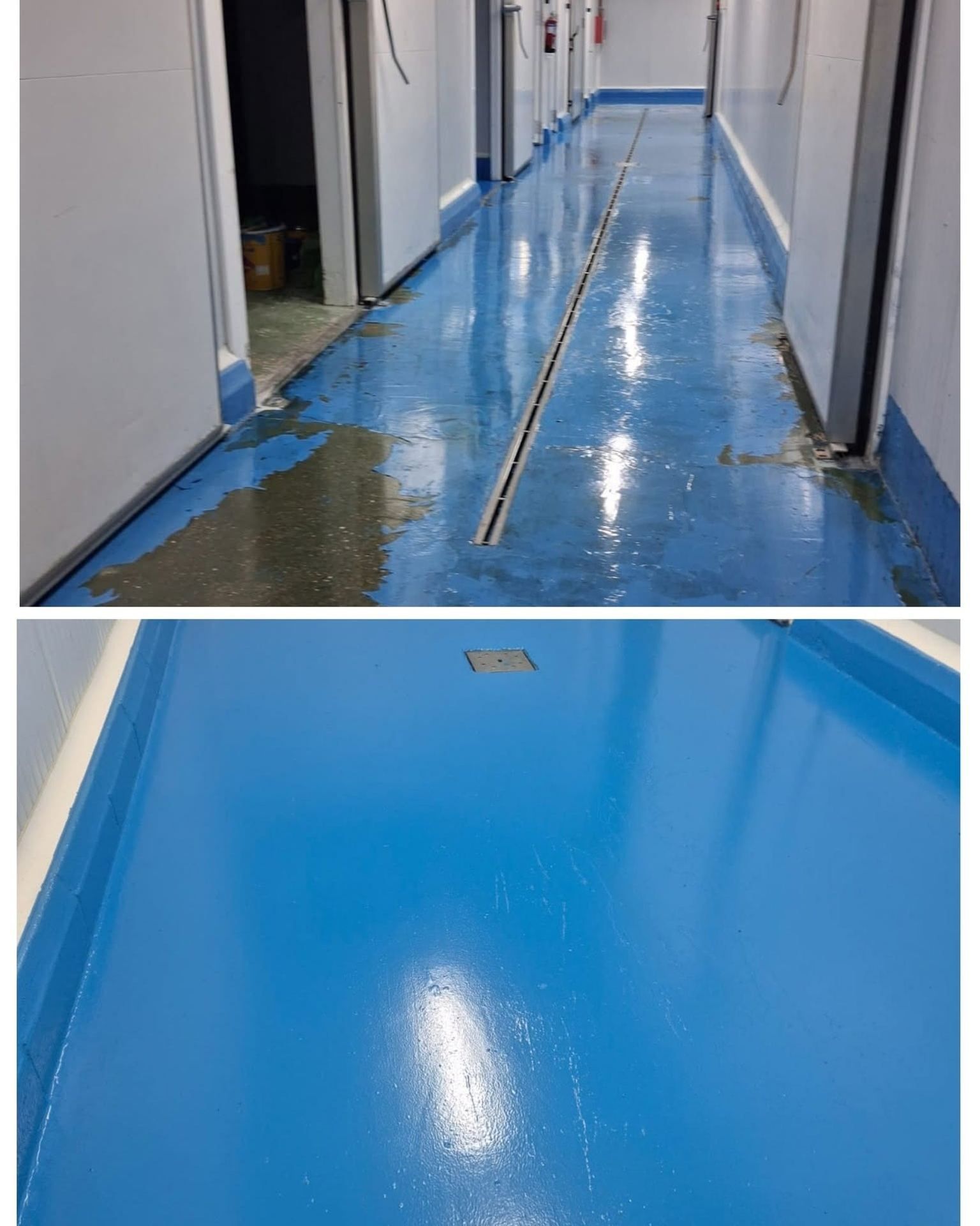 Suelo de epoxi azul en un pasillo: primero aparece dañado y luego, reparado, con un acabado liso y brillante