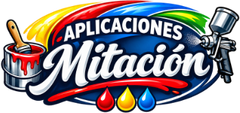 Logotipo de “Aplicaciones Mitación” con un arcoíris, un bote de pintura, una pistola pulverizadora y gotas de colores.