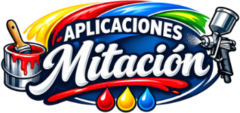 Logotipo de “Aplicaciones Mitación” con un arcoíris, un bote de pintura, una pistola pulverizadora y gotas de colores.