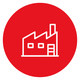 Icono blanco de fábrica sobre un fondo circular rojo