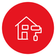 Círculo rojo con el contorno blanco de una casa y un icono de buzón de correo