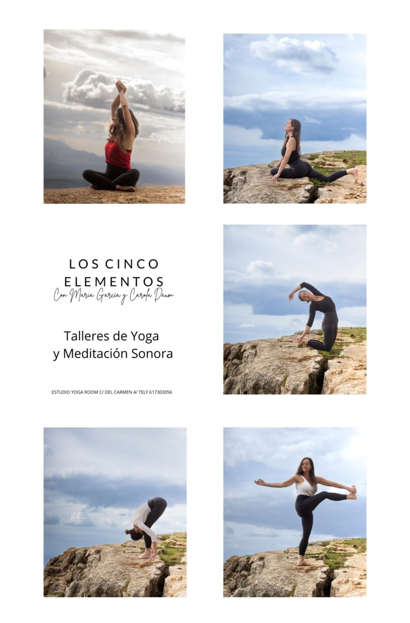 Collage de posturas de yoga al aire libre en un acantilado rocoso con vistas al mar y al cielo