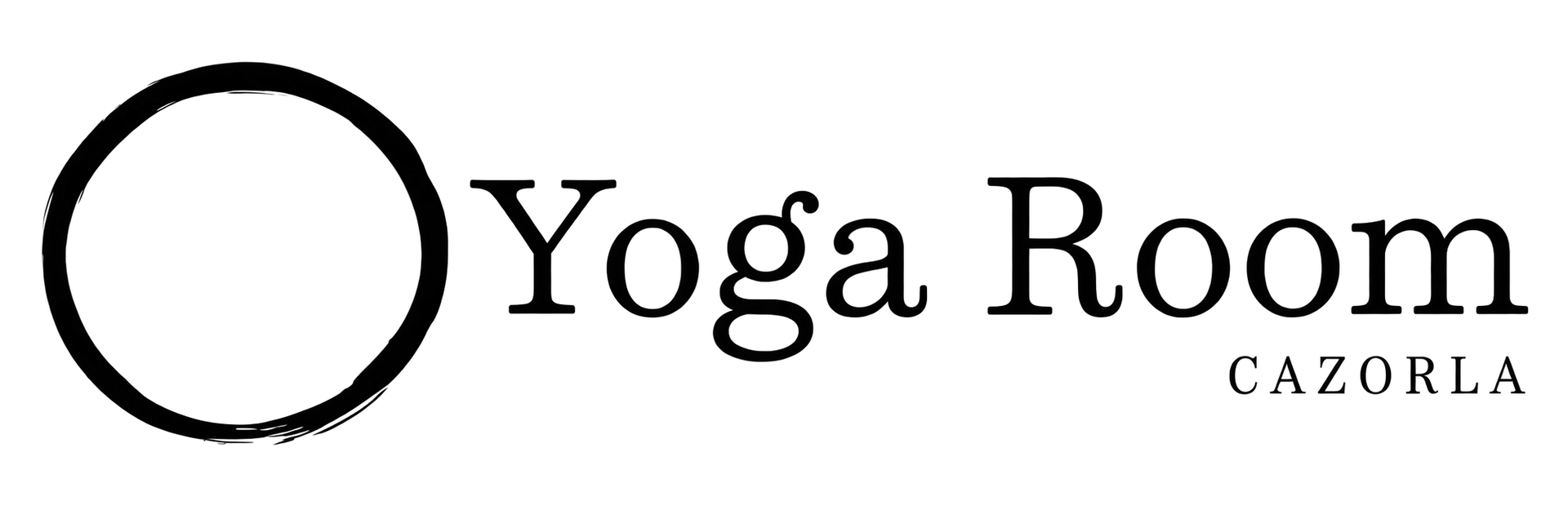 Logotipo de Yoga Room con un icono circular negro y el texto “Yoga Room” y “Cazorla” debajo.